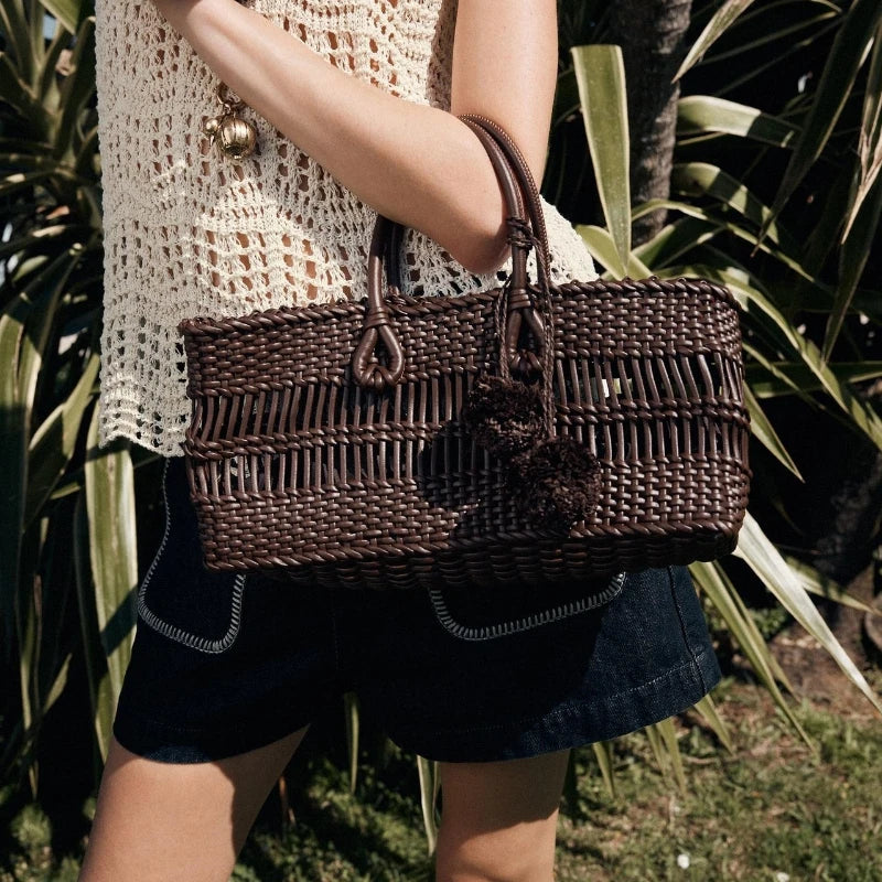 Braided Handbag Tote Bag With String - Beige