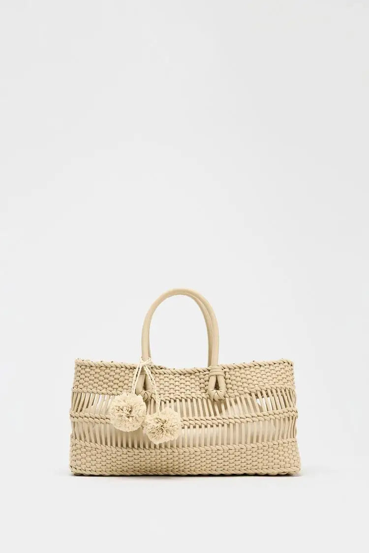 Braided Handbag Tote Bag With String - Beige