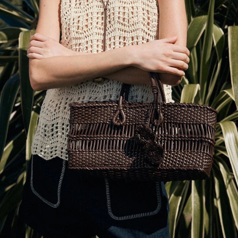 Braided Handbag Tote Bag With String - Beige