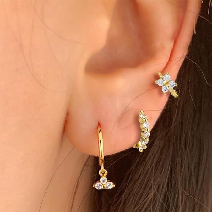 Brass Real Gold Plating Inlaid Zircon Geometric Flower Three-piece Set - One Card Three Pack / 14k - electronic