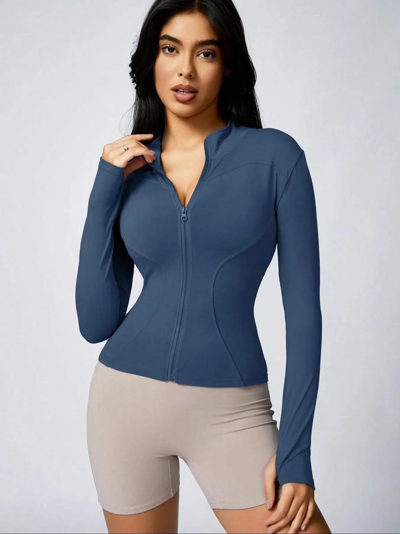 Brown cropped athletic jacket with beige biker shorts set