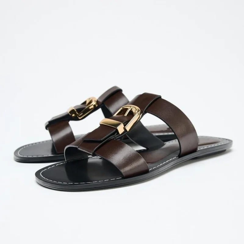 Brown Double Strap Buckle Flat Sandals For Women - 15 / 36