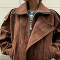Brown Faux Suede Cropped Casual Coat Vintage Lapel Solid Zipper - Other