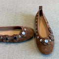 Brown Metal Button Flower Decoration Ballet Flats