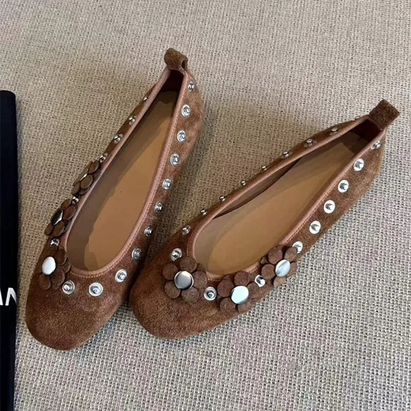Brown Metal Button Flower Decoration Ballet Flats - Dark / 36