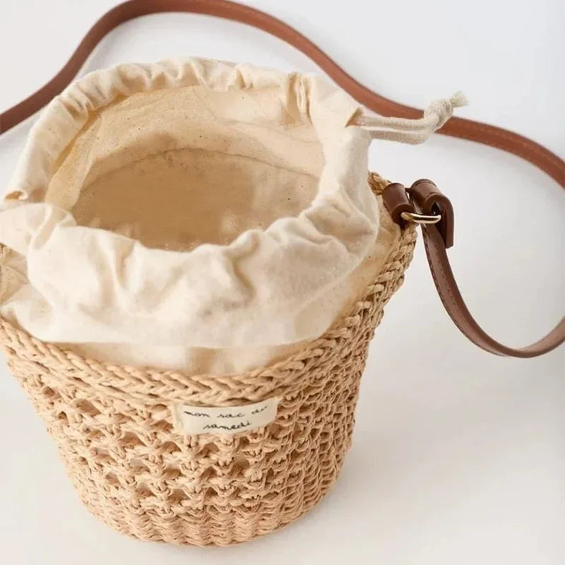Bucket-Shaped Woven Tote Bag - Crossbody mini