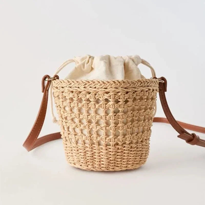 Bucket-Shaped Woven Tote Bag - Crossbody mini