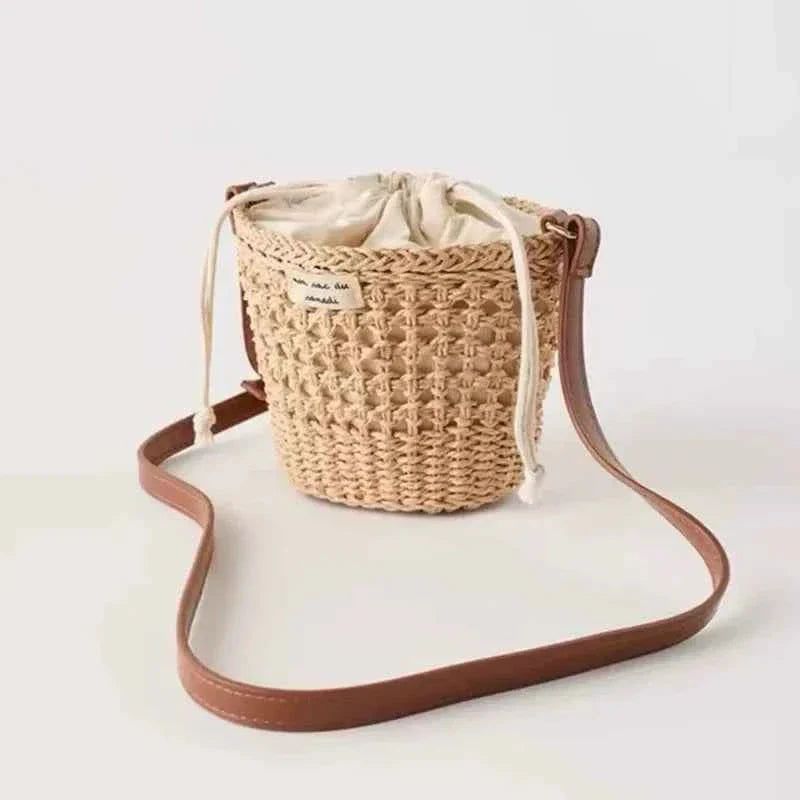 Bucket-Shaped Woven Tote Bag - Crossbody mini