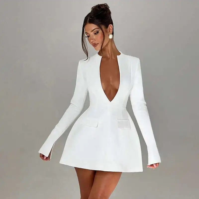 Button Backless Bodycon Short A-line Dress Women - 17667AWhite / L