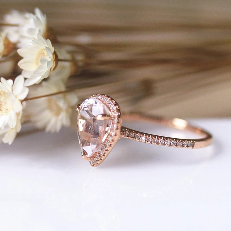 European And American 18K Rose Gold Plated Inlaid Pink Crystal Water Drop Pear-shaped Ring - Norellé
