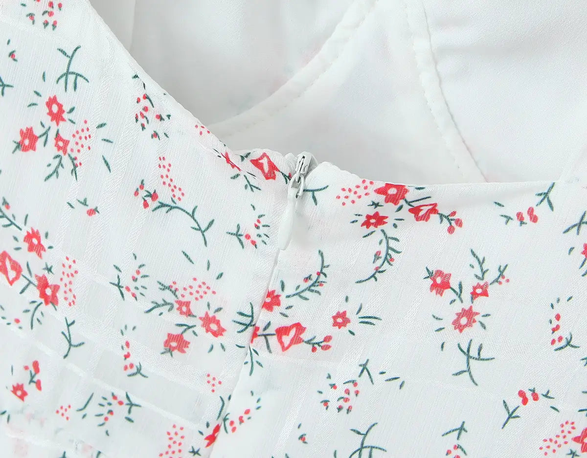 French Sweet Style Lace Stitching Flower Printed V-neck Short Sleeve Dress