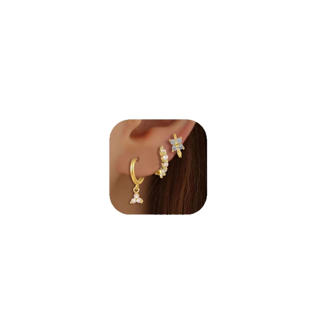 Brass Real Gold Plating Inlaid Zircon Geometric Flower Three-piece Set - Norellé