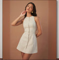 Solid Color Buttons Lace-up Waist Trimming Skirt Dress - Norellé