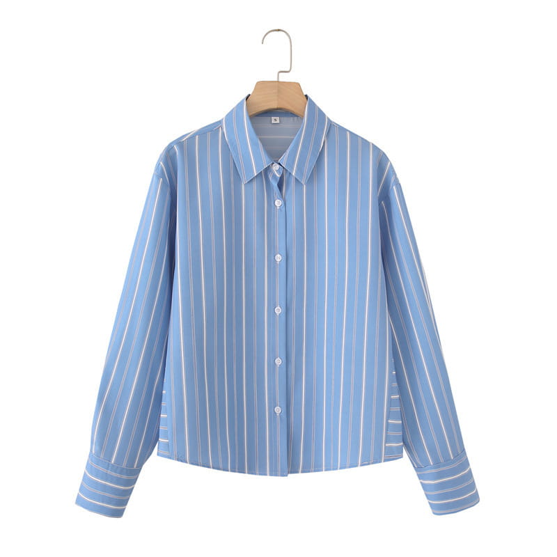Striped Poplin Cotton Long-sleeved Lapel Shirt