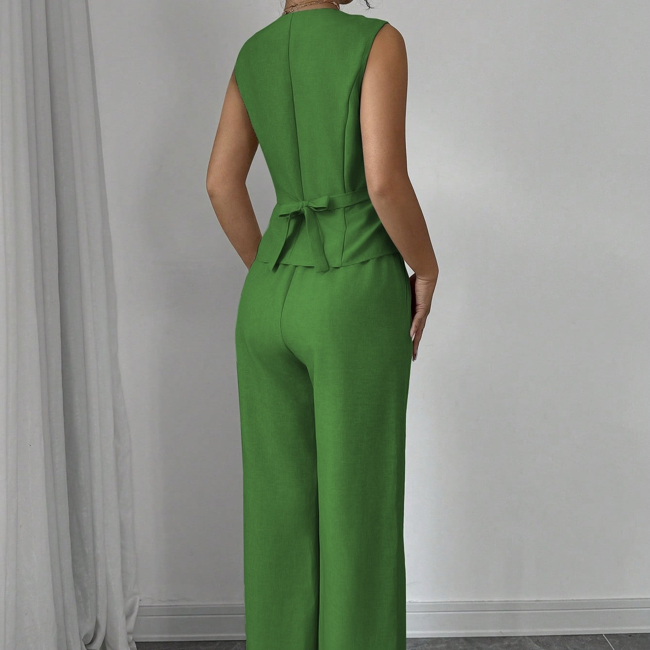 Women's Solid Color Single Breasted Off Shoulder Vest And Wide Leg Pants Set - Norellé