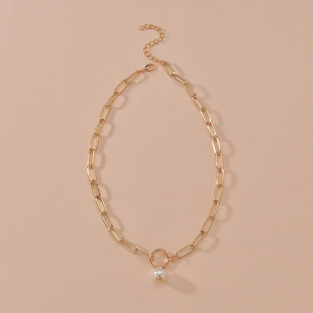 Hoop And Pearl Pendant Metal Clavicle Chain Necklace - Norellé