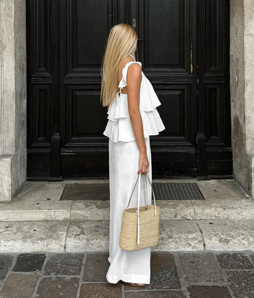 Cotton And Linen V-neck Backless Lace-up Top High Waist Casual Trousers Suit