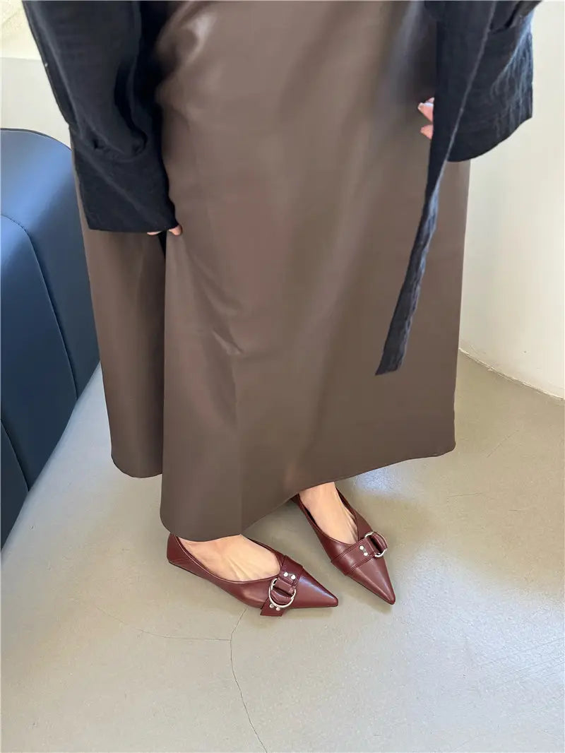 Metal Belt Buckle French Pointed Flat Bottom Pumps