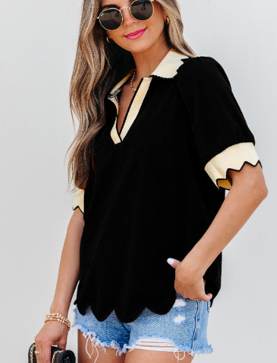 Black Color Contrast Collared V Neck Puff Sleeve Blouse - Norellé