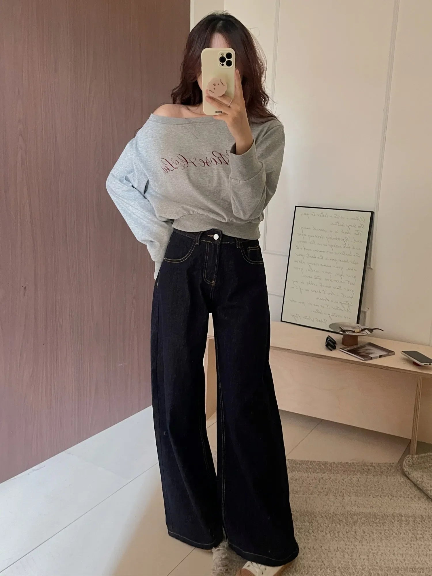 Casual Dark Blue Wide Leg Jeans Women Vintage Baggy High Waist