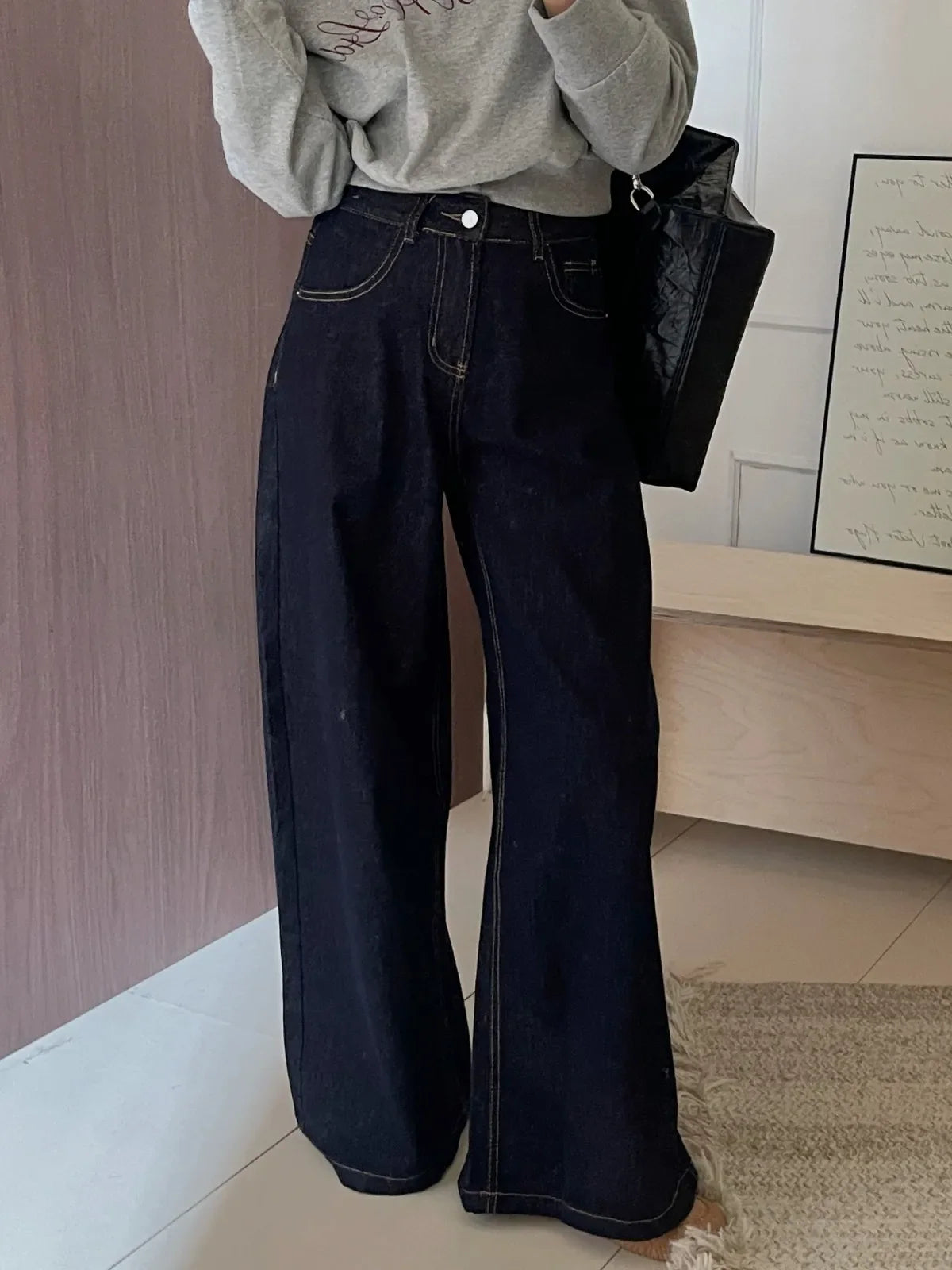 Casual Dark Blue Wide Leg Jeans Women Vintage Baggy High Waist