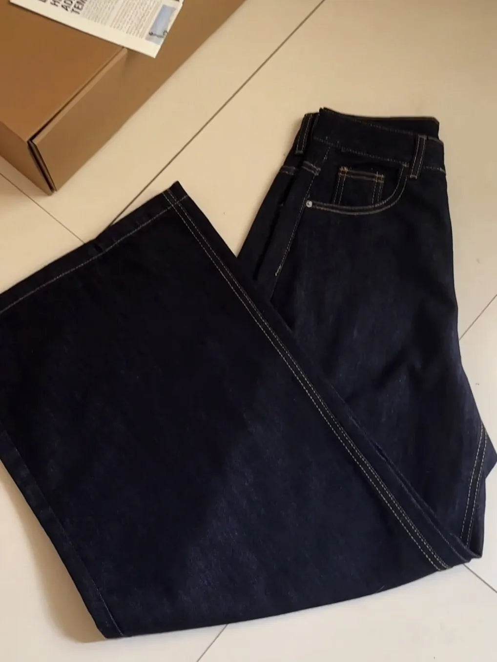 Casual Dark Blue Wide Leg Jeans Women Vintage Baggy High Waist