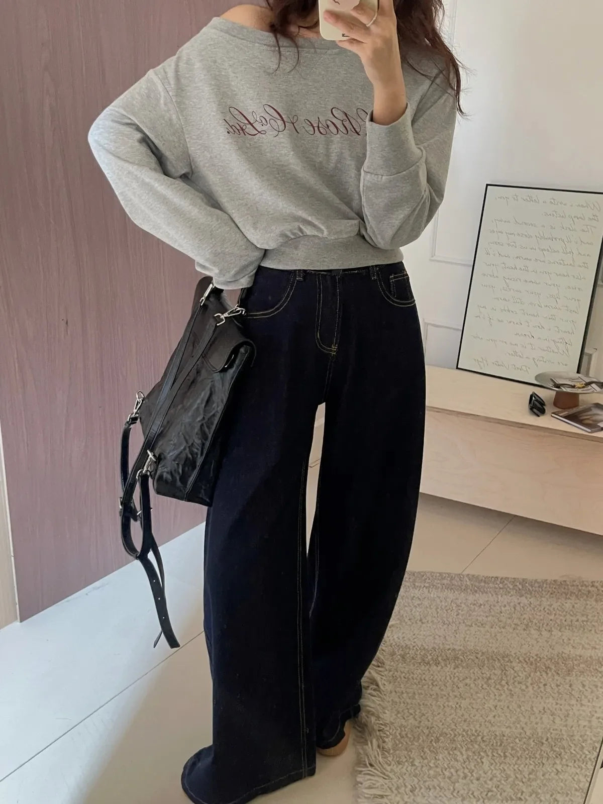 Casual Dark Blue Wide Leg Jeans Women Vintage Baggy High Waist