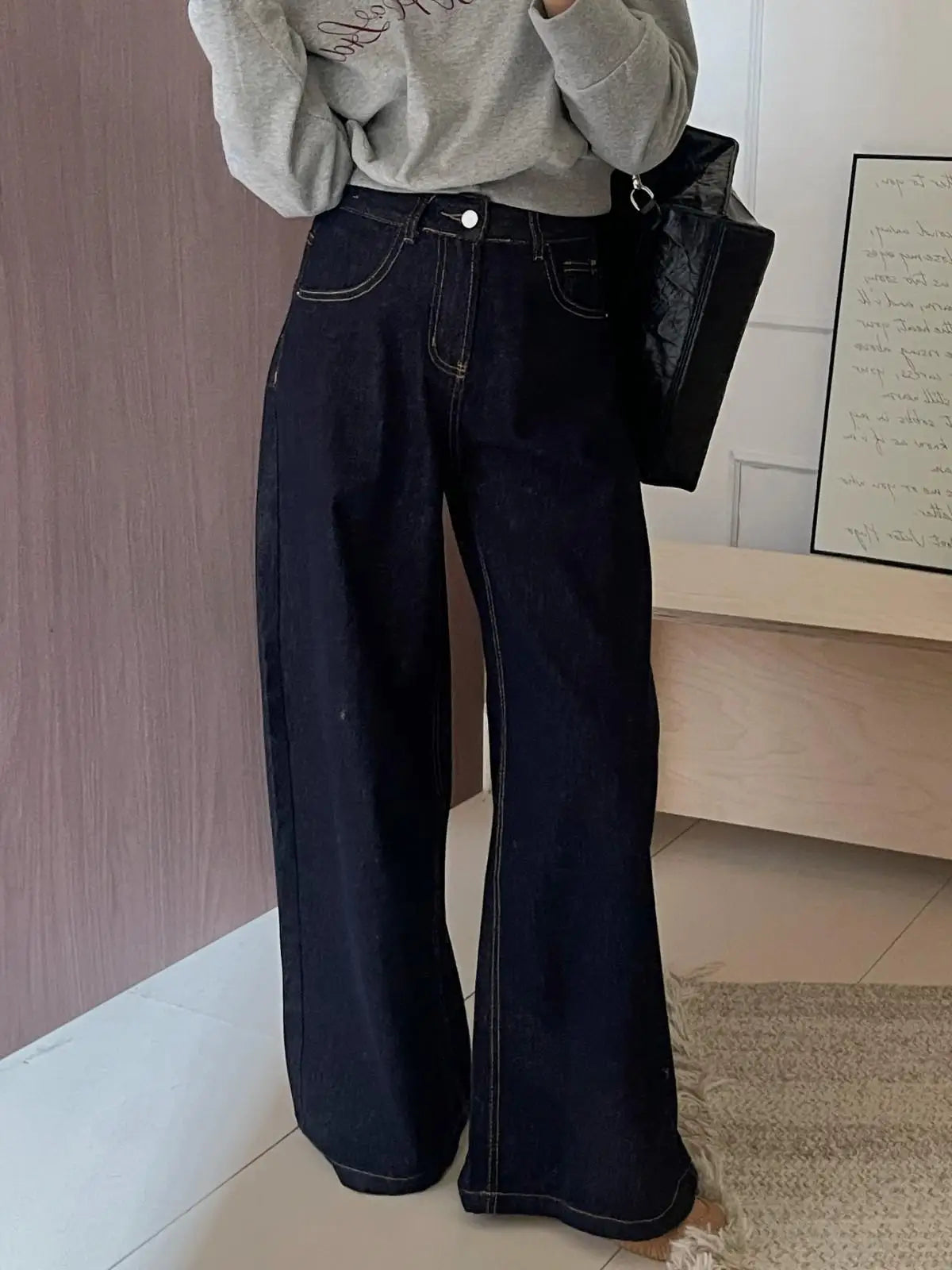 Casual Dark Blue Wide Leg Jeans Women Vintage Baggy High Waist - M