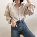 Casual Elegant High-rise Wide Striped Long Fleece Shirt Women’s Top - electronic accessories