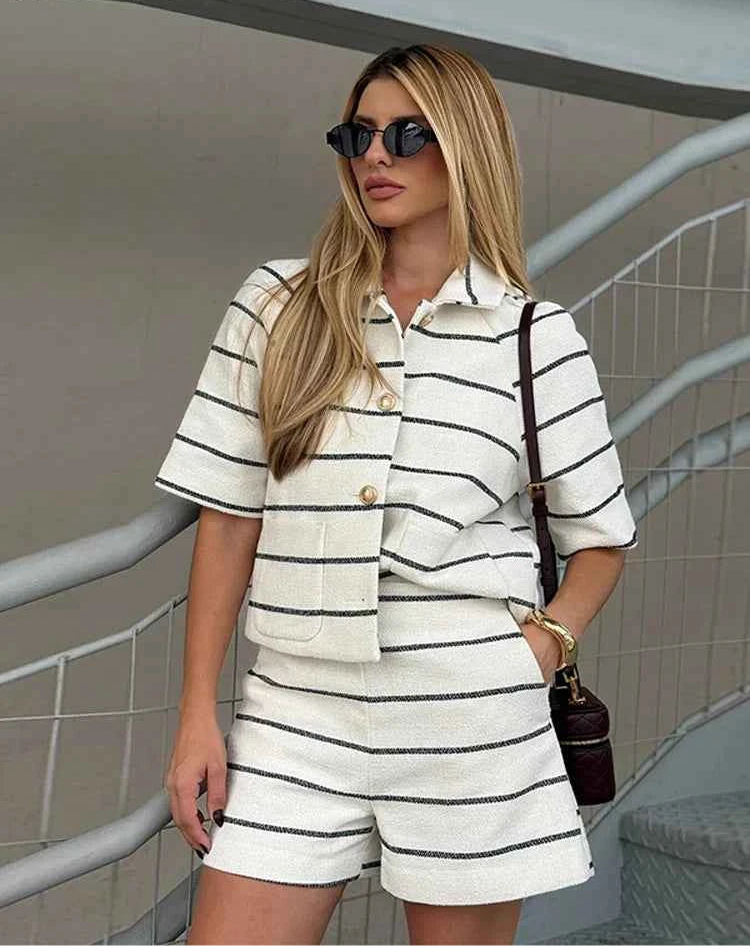 Casual Knitted Striped Shirts Set - stripe / L