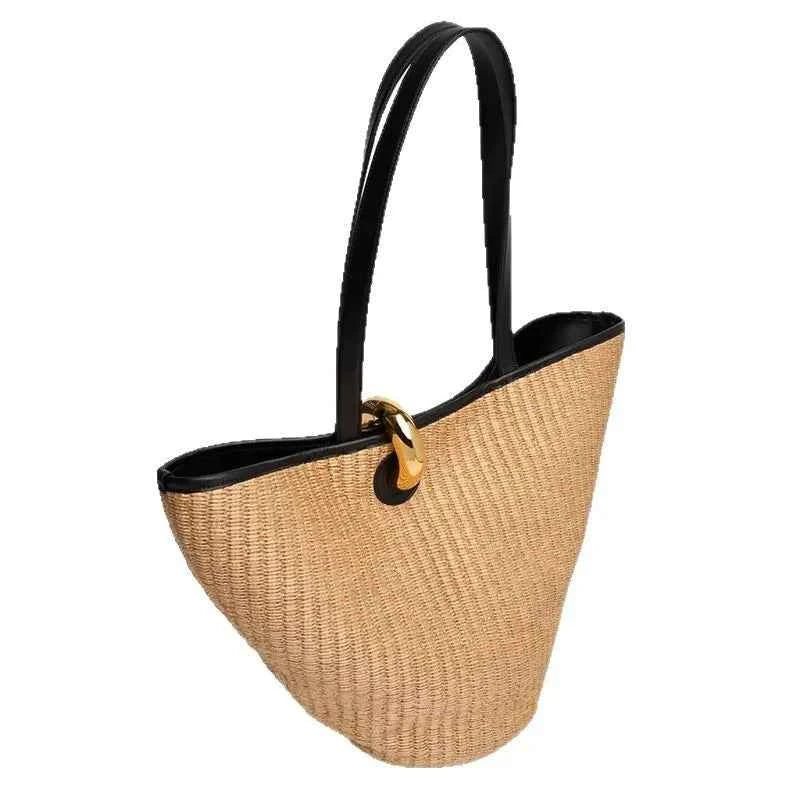 Casual Large Capacity Grass Weaving Golden Buckle Straw Woven Bag