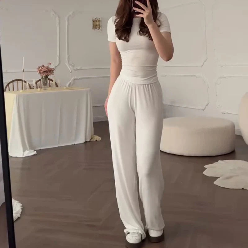 Casual Long Pants Suits Women O-neck Short Sleeve T-shirt Elastic Waist Trousers Set - WHITE / XXXL