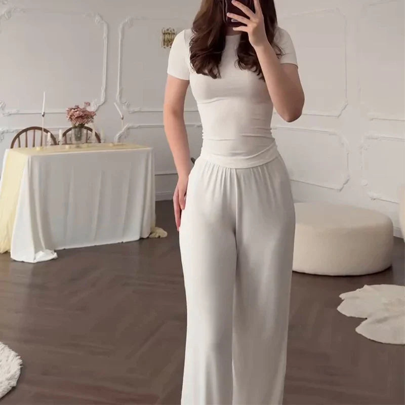 Casual Long Pants Suits Women O-neck Short Sleeve T-shirt Elastic Waist Trousers Set
