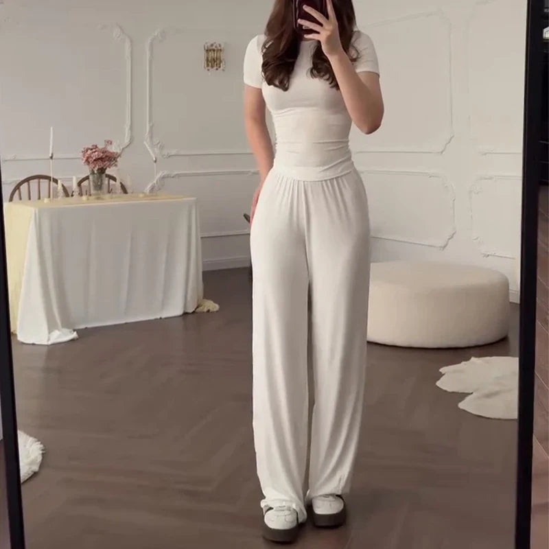 Casual Long Pants Suits Women O-neck Short Sleeve T-shirt Elastic Waist Trousers Set
