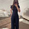 Casual Long Pants Suits Women O-neck Short Sleeve T-shirt Elastic Waist Trousers Set - Navy / XL