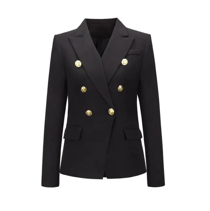Casual Long Sleeve Turn-down Collar Double Breasted Jacket For Women - black / S
