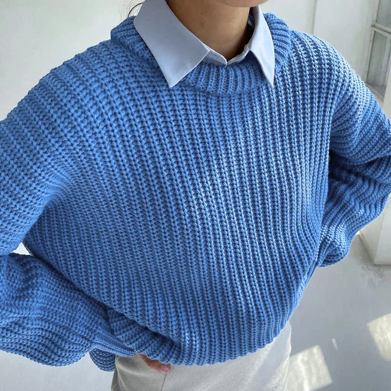Casual O-neck Long Sleeve Sweater - Blue / S