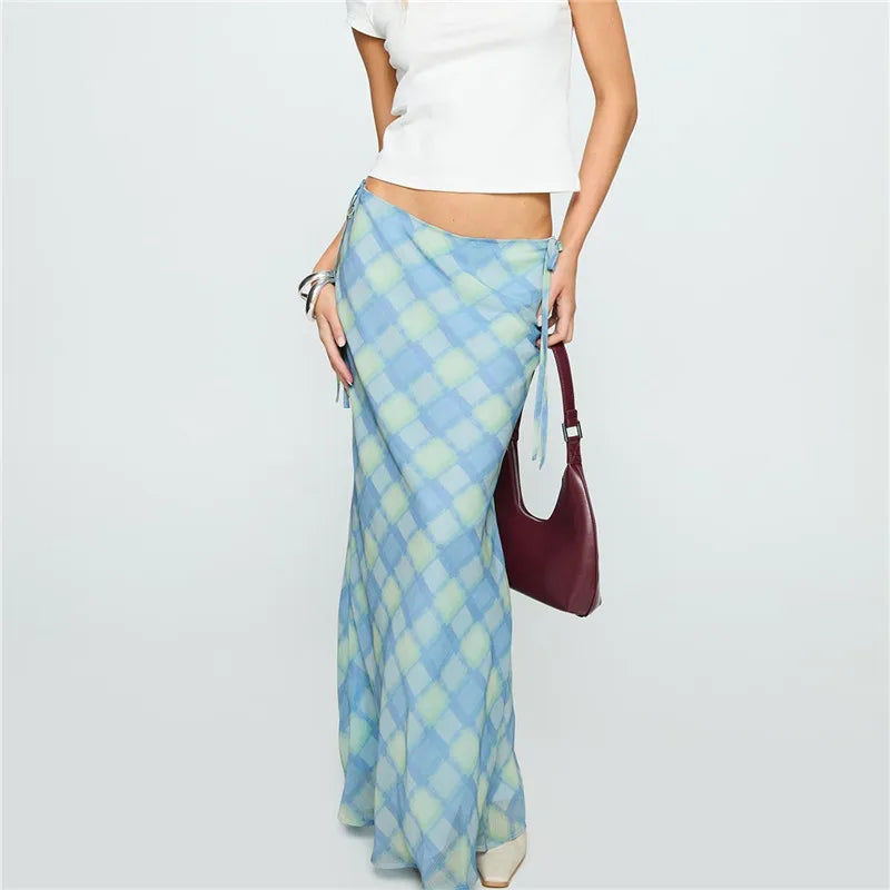 Casual Plaid Bandage Split Mesh Skirt