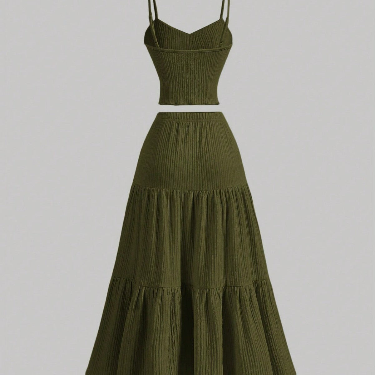 Casual Solid Color Ribbed Fit Vest Top And Ruched Hem A- Line Skirt - Other