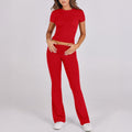 Casual Solid Color Slim Fit Short Sleeve Trousers Suit - Bright Red / L - Other