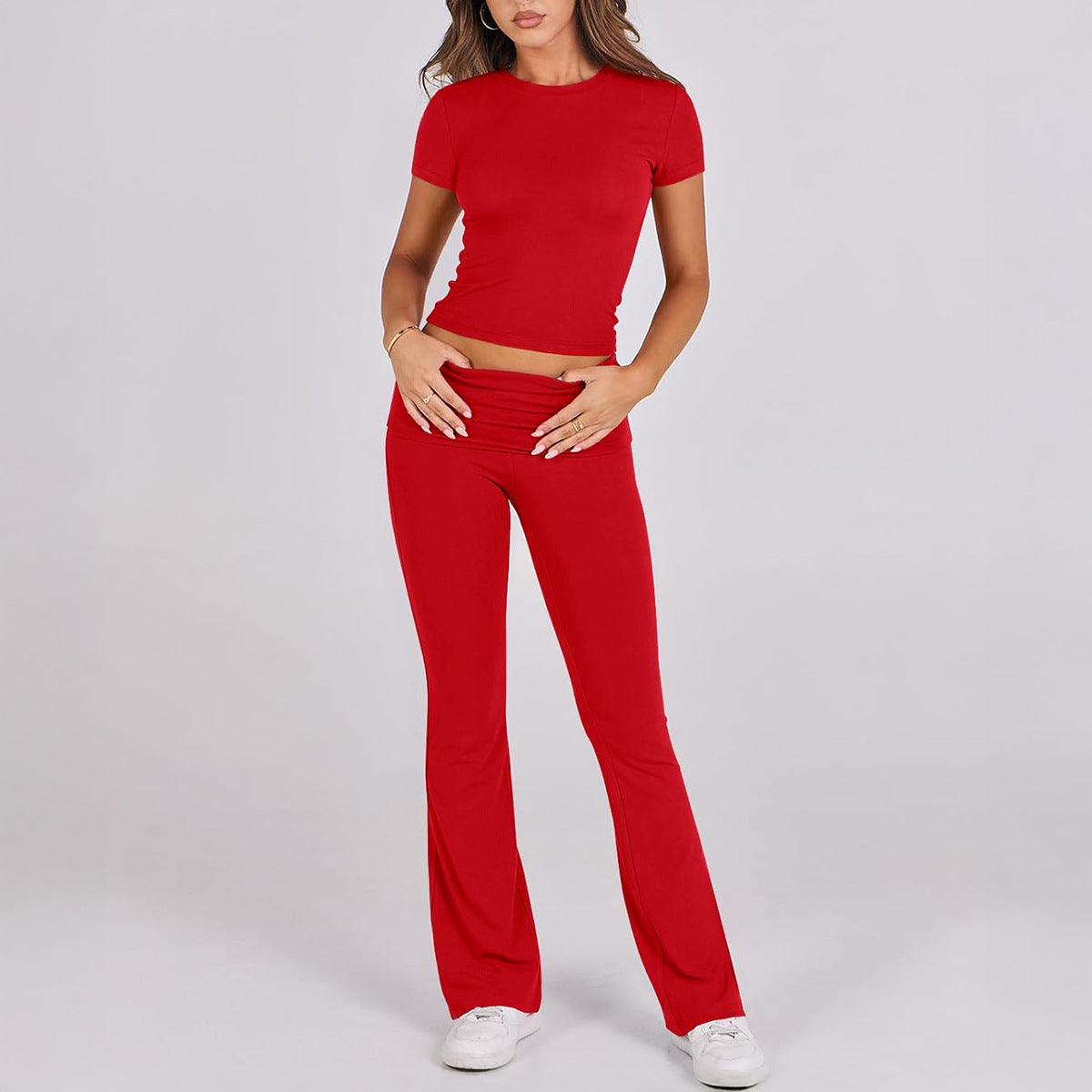 Casual Solid Color Slim Fit Short Sleeve Trousers Suit - Bright Red / L - Other