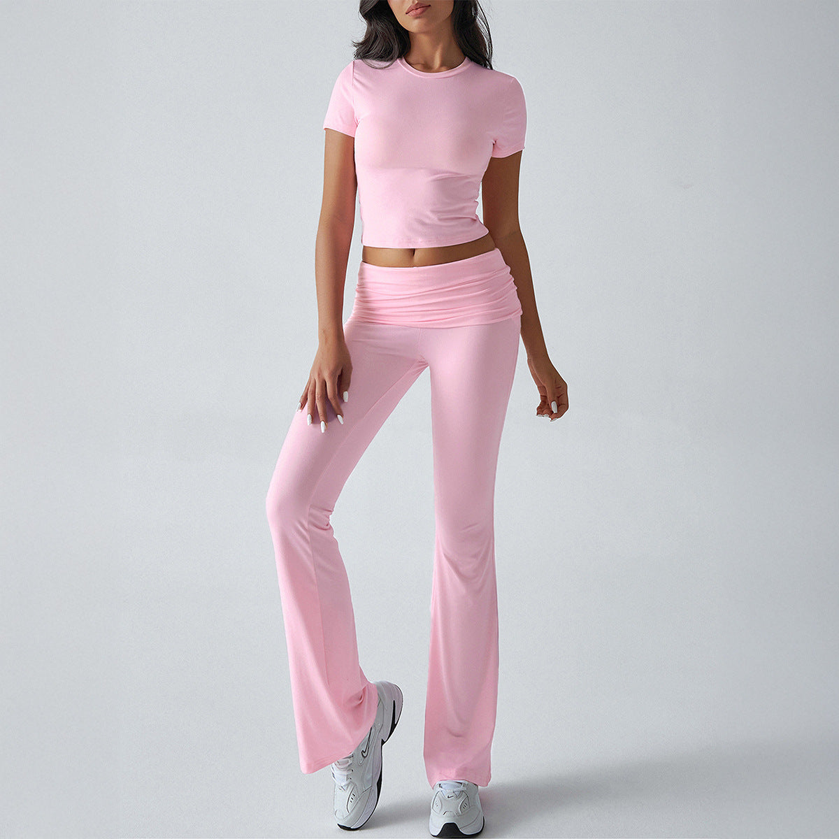 Casual Solid Color Slim Fit Short Sleeve Trousers Suit - Pink / L - Other