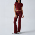 Casual Solid Color Slim Fit Short Sleeve Trousers Suit - Wine Red / L - Other