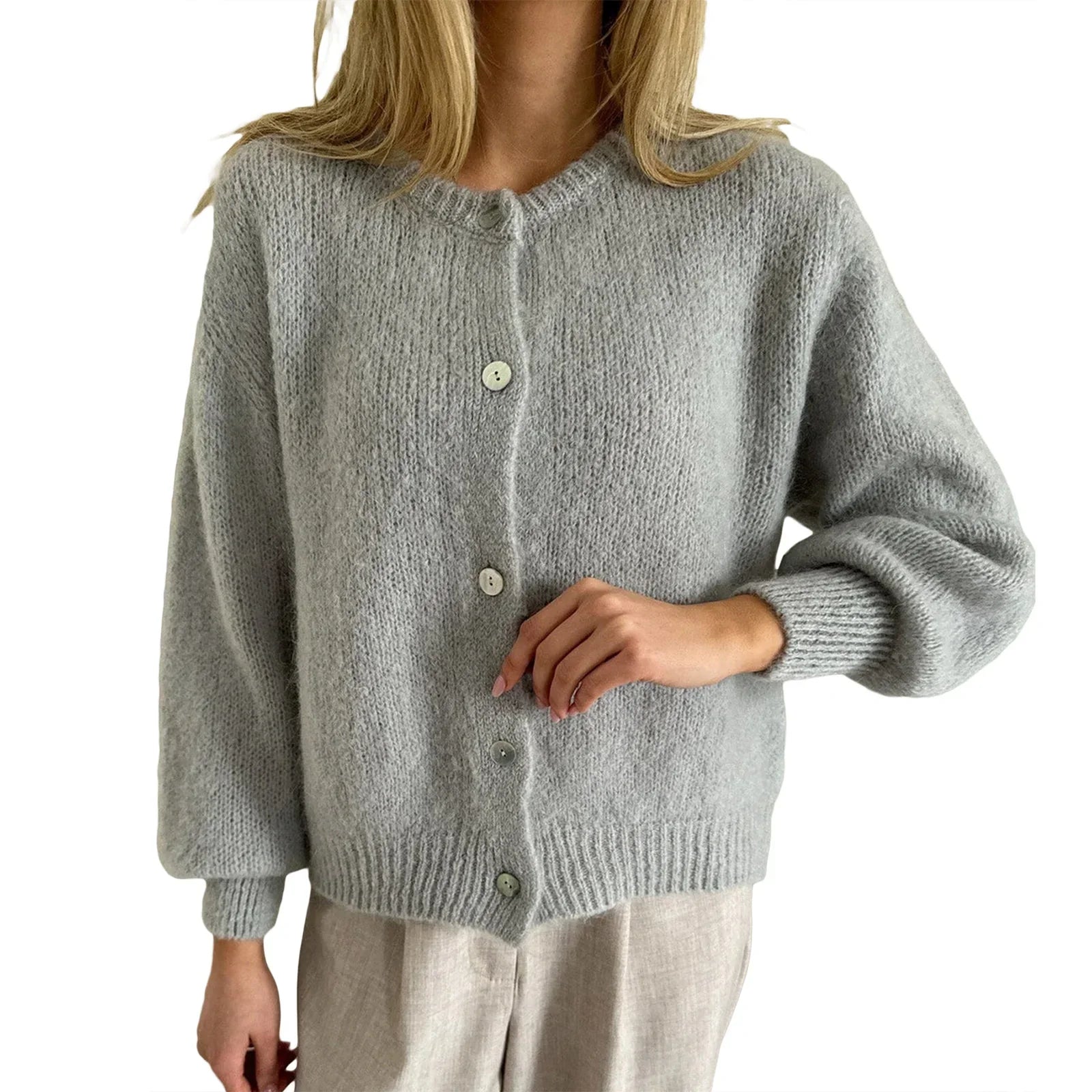 Casual Solid Knitted Single Breasted Cardigan For Women - GRAY / S