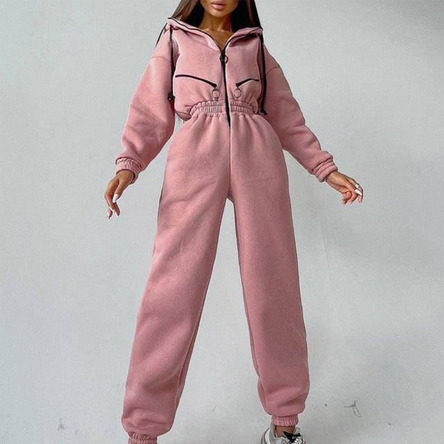 Casual Women Basic Hoodie Two Piece Sets Zipper Drawstring - Pink / L - electronic accessories