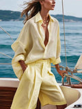 Casual Yellow Shirt Shorts Set Women