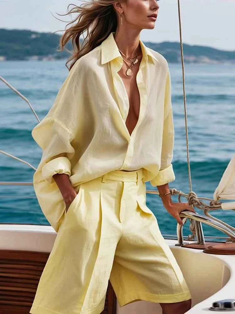 Casual Yellow Shirt Shorts Set Women