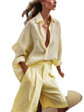 Casual Yellow Shirt Shorts Set Women