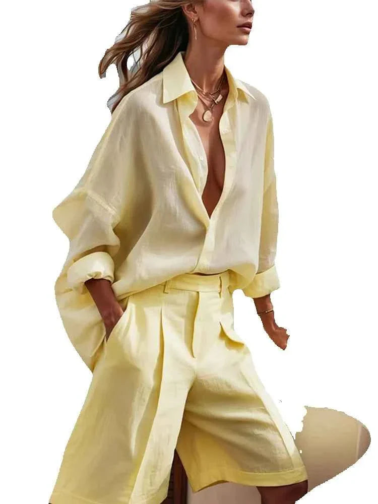 Casual Yellow Shirt Shorts Set Women