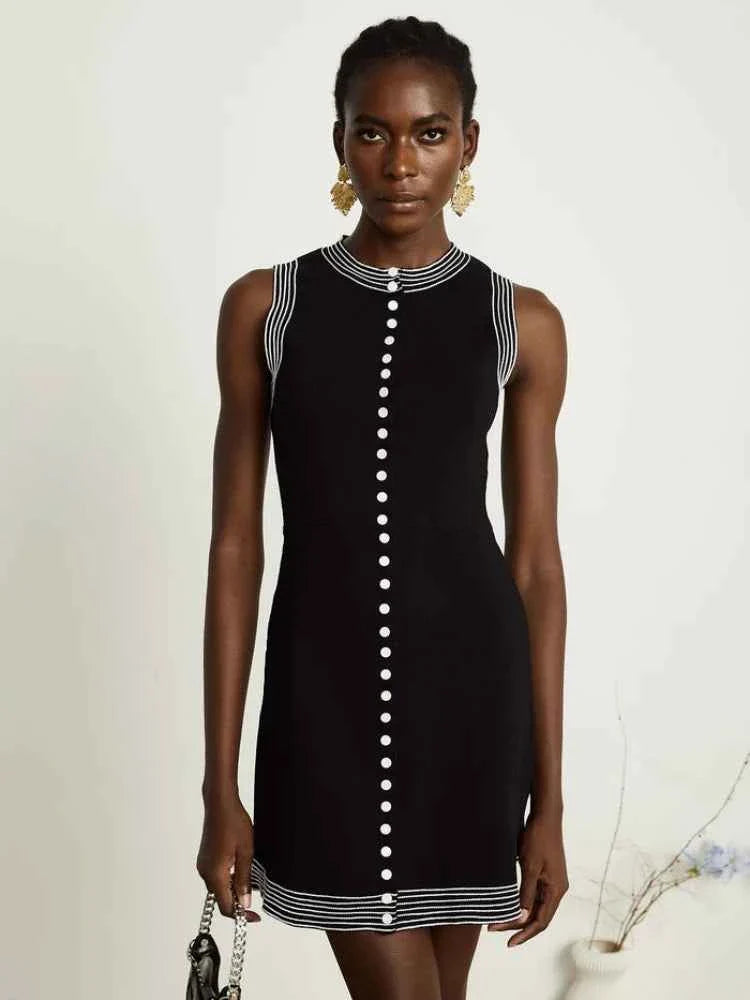 Causal Round Neck Single Row Button Sleeveless Slim Fit Women Dress